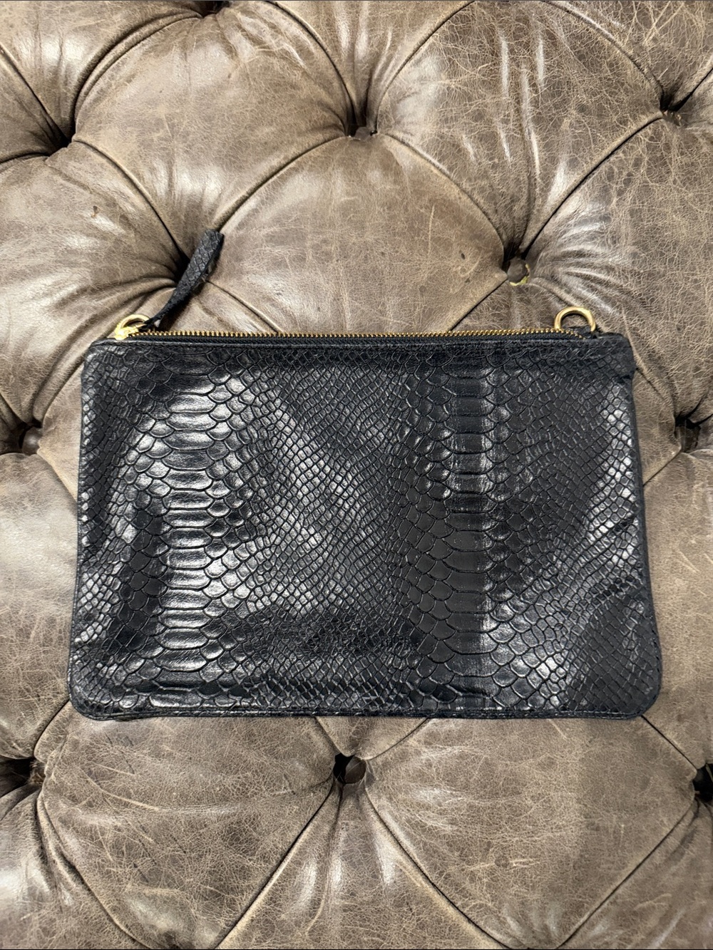 Black Snake-Embossed Real Leather Wristlet Clutch with Gold Hardware